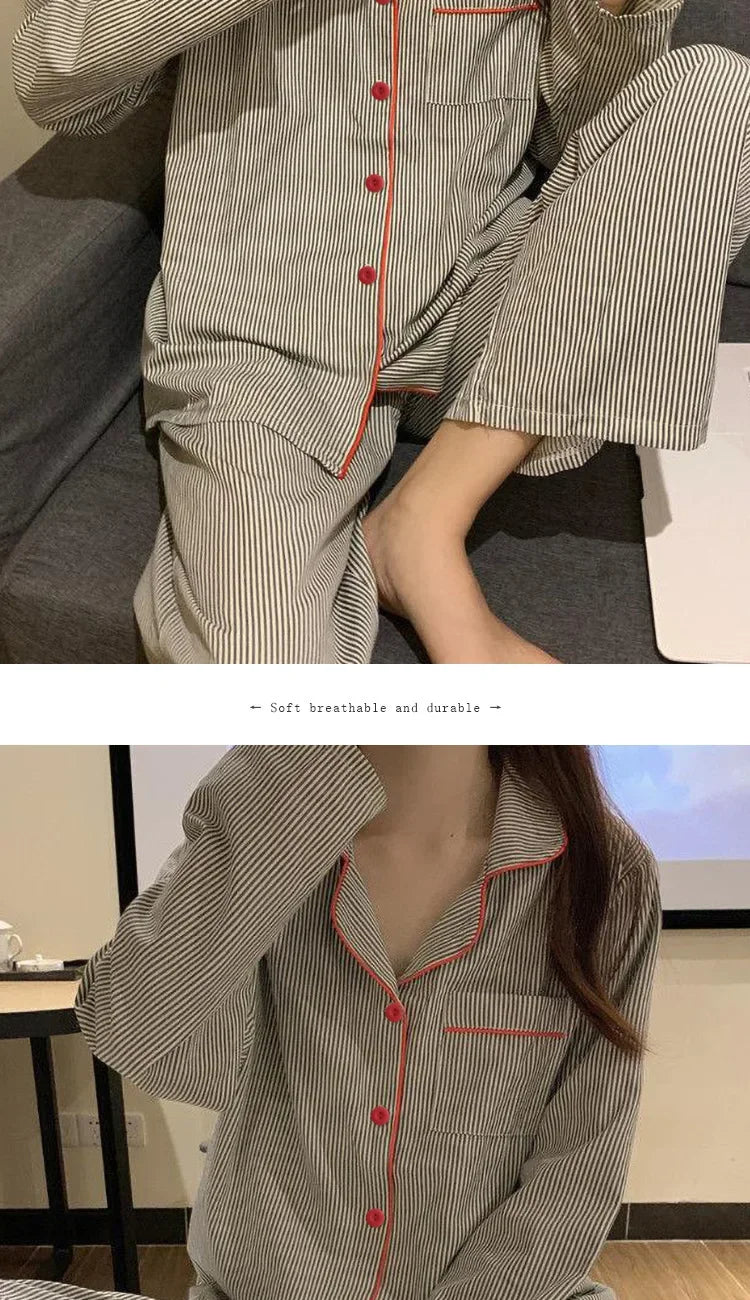Women's Long Sleeve Loose Breathable Student Sleepwear Loungewear Cardigan Gray Striped Ladies Stripe Fashion Pajamas Homewear