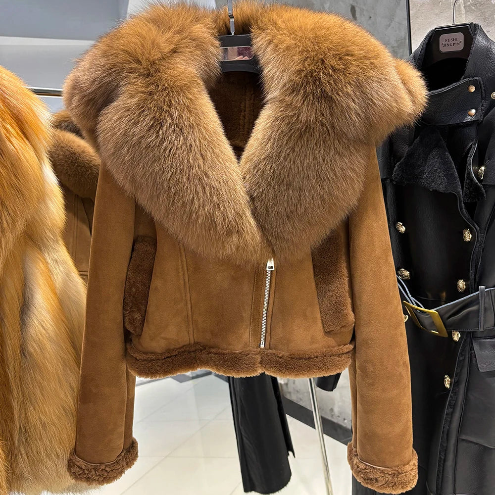 YOLOAgain Burgundy Shearling Jacket With Hood Women 2025 Winter Real Leather Jacket Coat