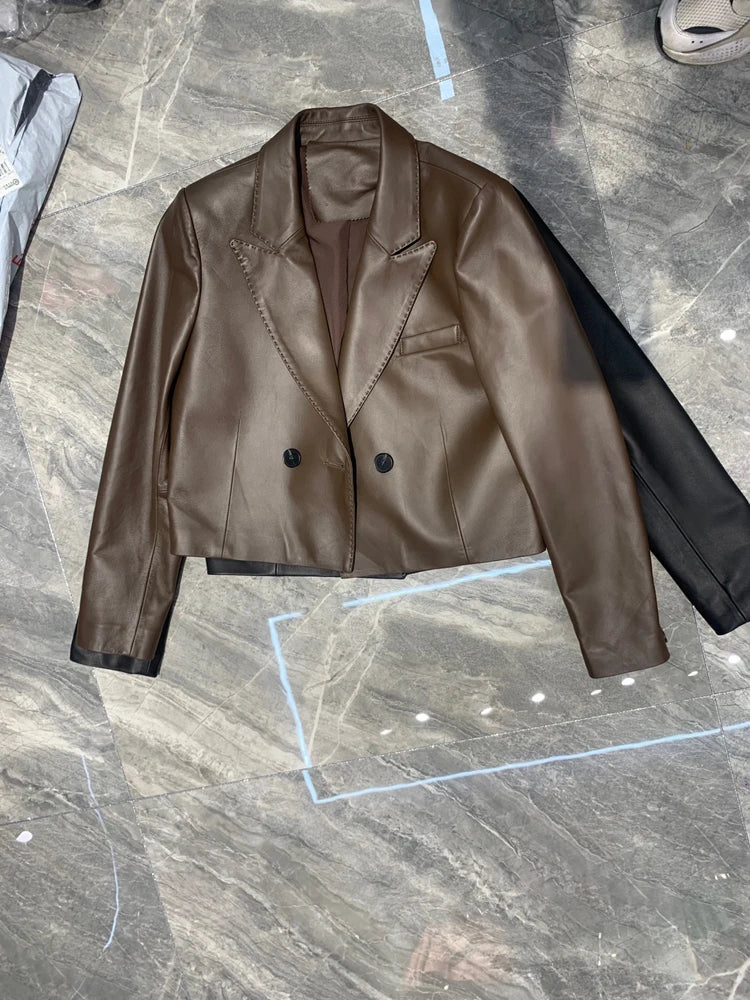 Suit Leather Jacket For Women 2025 Female 100% Sheepskin Lined Suit Collar Slim Short Quilted Coats Retro OL Sobretudo Feminino