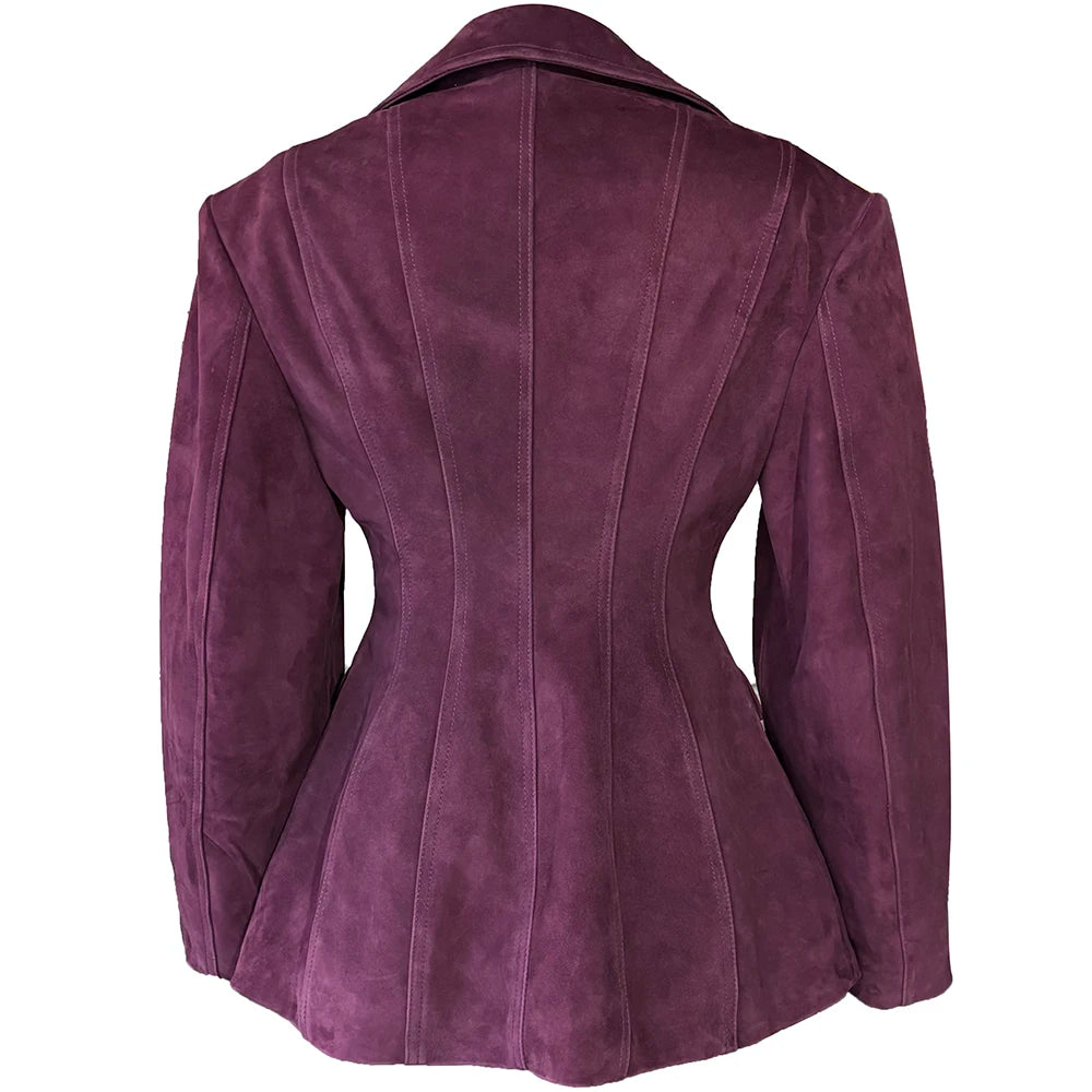 YOLOAgain Vintage Suede Blazer Jacket Women Double Breasted Lapel Dark Brown Genuine Sheepskin Leather Jacket Coat Female