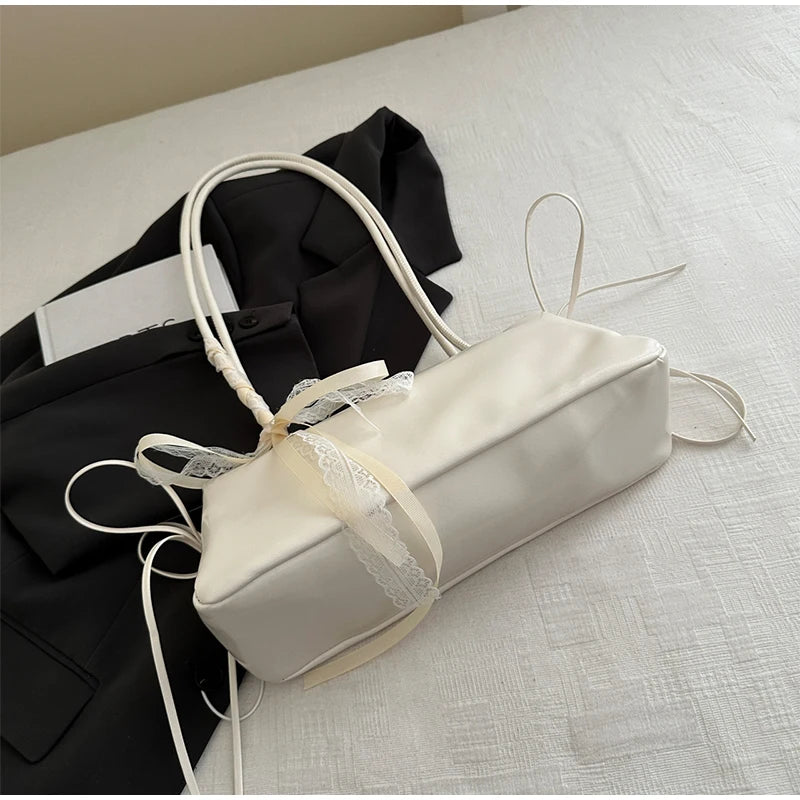 French Elegant Square Bag Korean Bow Decoration Pu High-quality Bag Niche Simple Ballet Style Shoulder Bag New Casual Women Bags