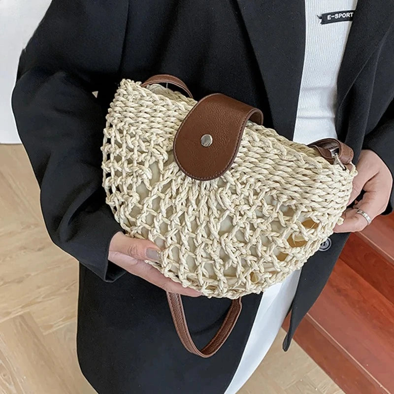 Summer Straw Bag For Women Fashion Semicircle Crossbody Bags Rattan Handmade Messenger Handbag Travel Beach Bags Tote