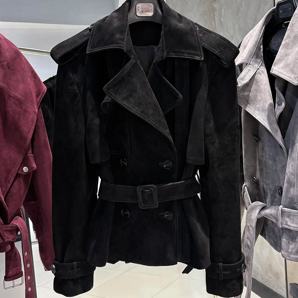 YOLOAgain High Quality Suede Leather Jacket Women With Belt Double Breasted Croc Pattern Jacket Female