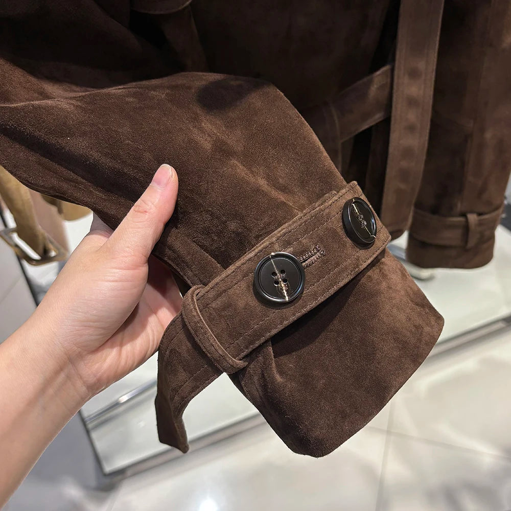 YOLOAgain High Quality Suede Leather Jacket Women With Belt Double Breasted Croc Pattern Jacket Female