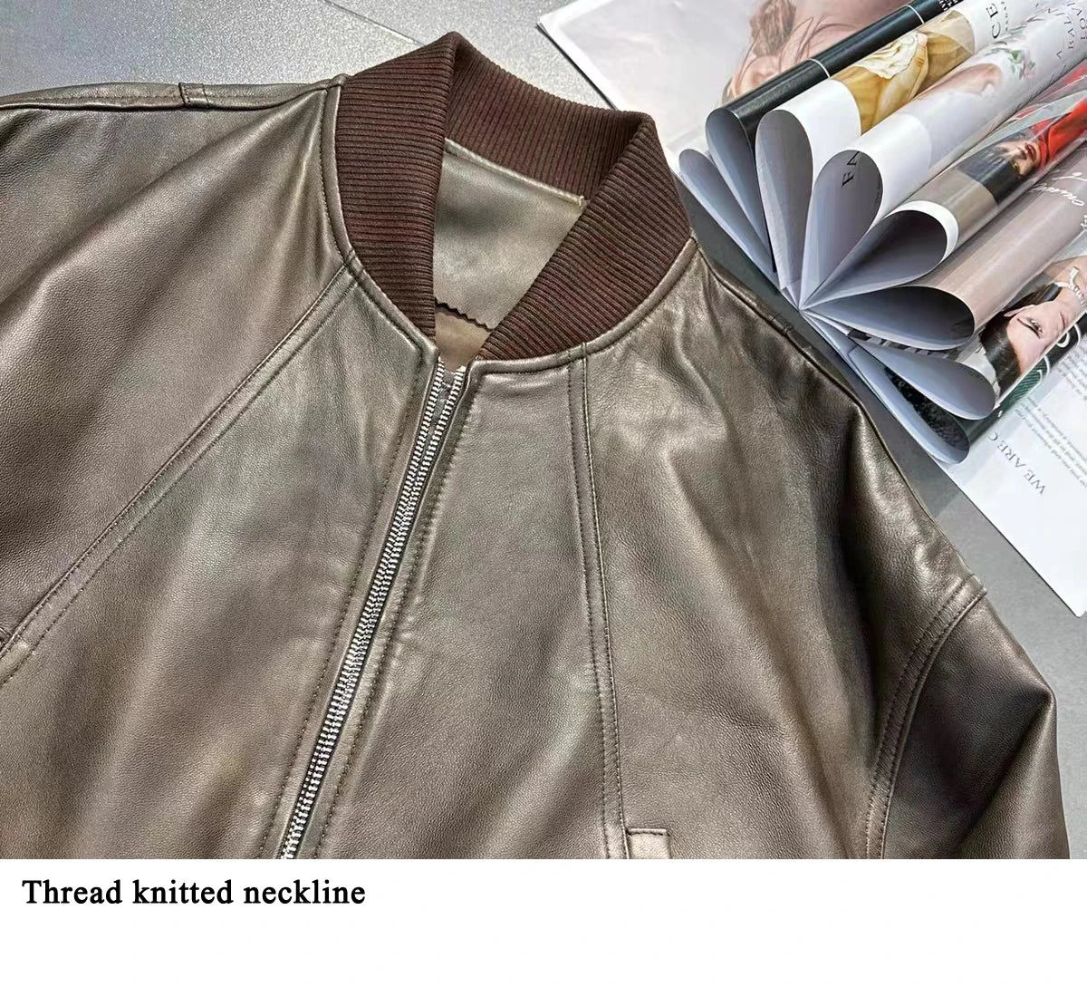 Leather Cropped Bomber Jacket For Women 2025 Winter European Old Money Designer Female Distressed Sheepskin Short Coat Outwear