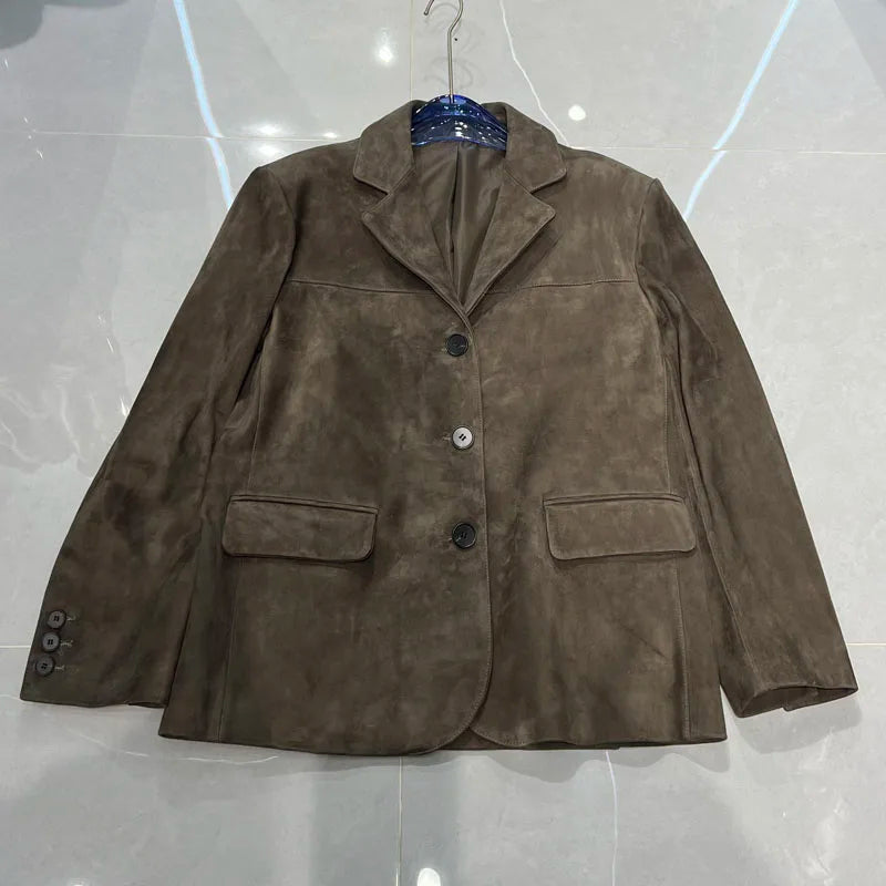 High Quality Suede Leather Suit Jacket Woman Kid Suede Flip Collar Wide Shoulder Split Vintage Ropa Mujer Dark Blue Blazer Coat