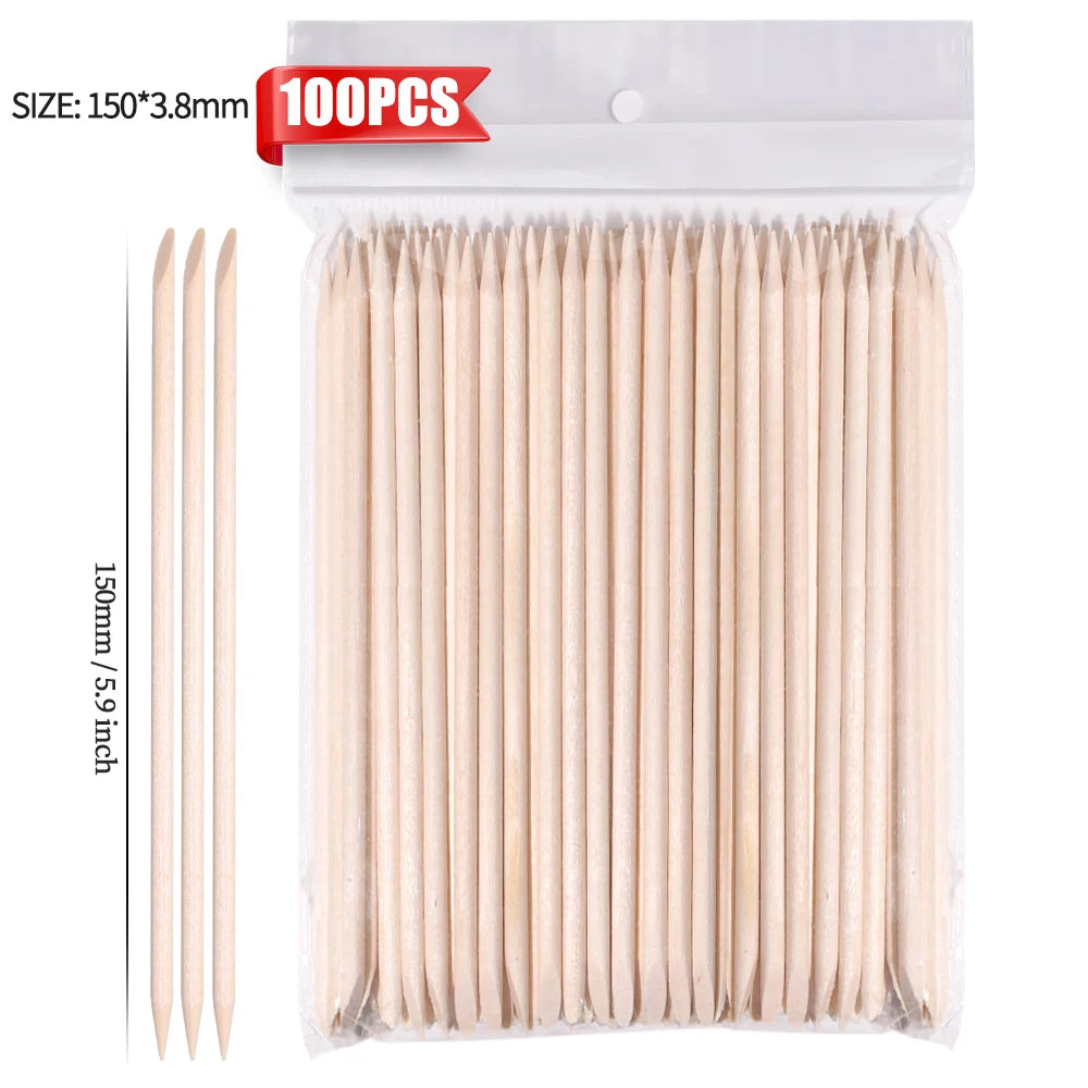 100PCS Cuticle Pusher Remover Nail Art Tools Beechwood Stick Sticks Rhinestones Picker Bead Pusher Manicure Pedicure Care