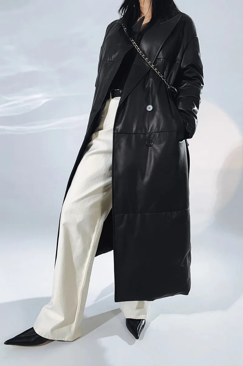 Women's Leather Down Jacket, Loose, Extra Length Design, Goose Down Coat, Suit Collar, Sheepskin Coat, Fashion