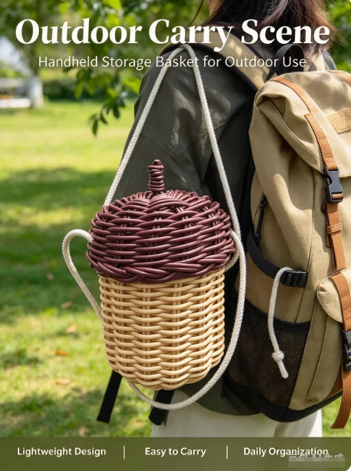 HTMCK New Acorn-shaped Storage Basket Hand-woven Round Rattan Bag Bucket Tropical Beach Style Woven Shoulder Bag Photo Props