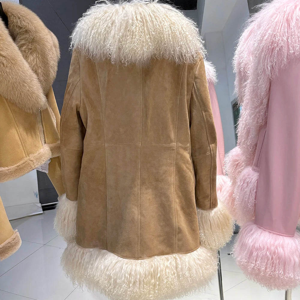 YOLOAgain Mongolia Sheep Fur Jacket Women Real Leather Coat Suede Jacket