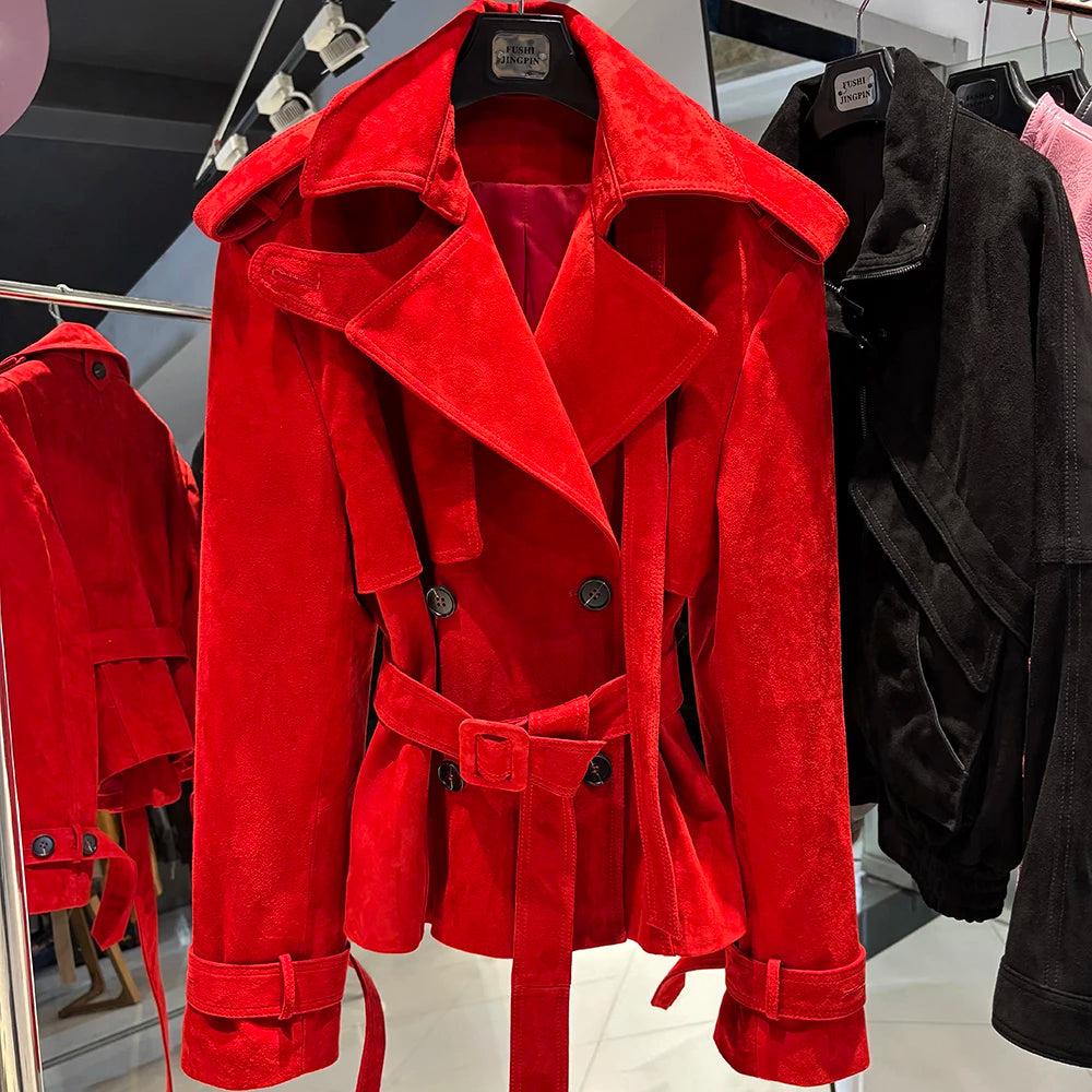 YOLOAgain High Quality Suede Leather Jacket Women With Belt Double Breasted Croc Pattern Jacket Female