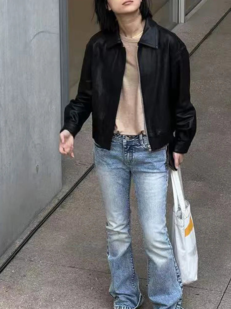 Genuine Leather Jacket for Women Sheepskin Leather Short Coat Female Collar Cropped Veste Woman Clothing Basic Daily Outfit