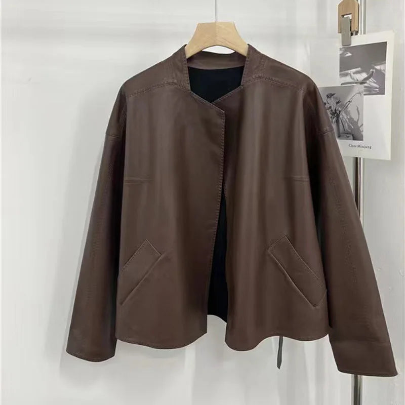 Japanese Style 2025 New Sheepskin Leather Coat for Women Elegant Square Neck Veins Skin Belt Short Jackets Coffee Jaqueta Couro