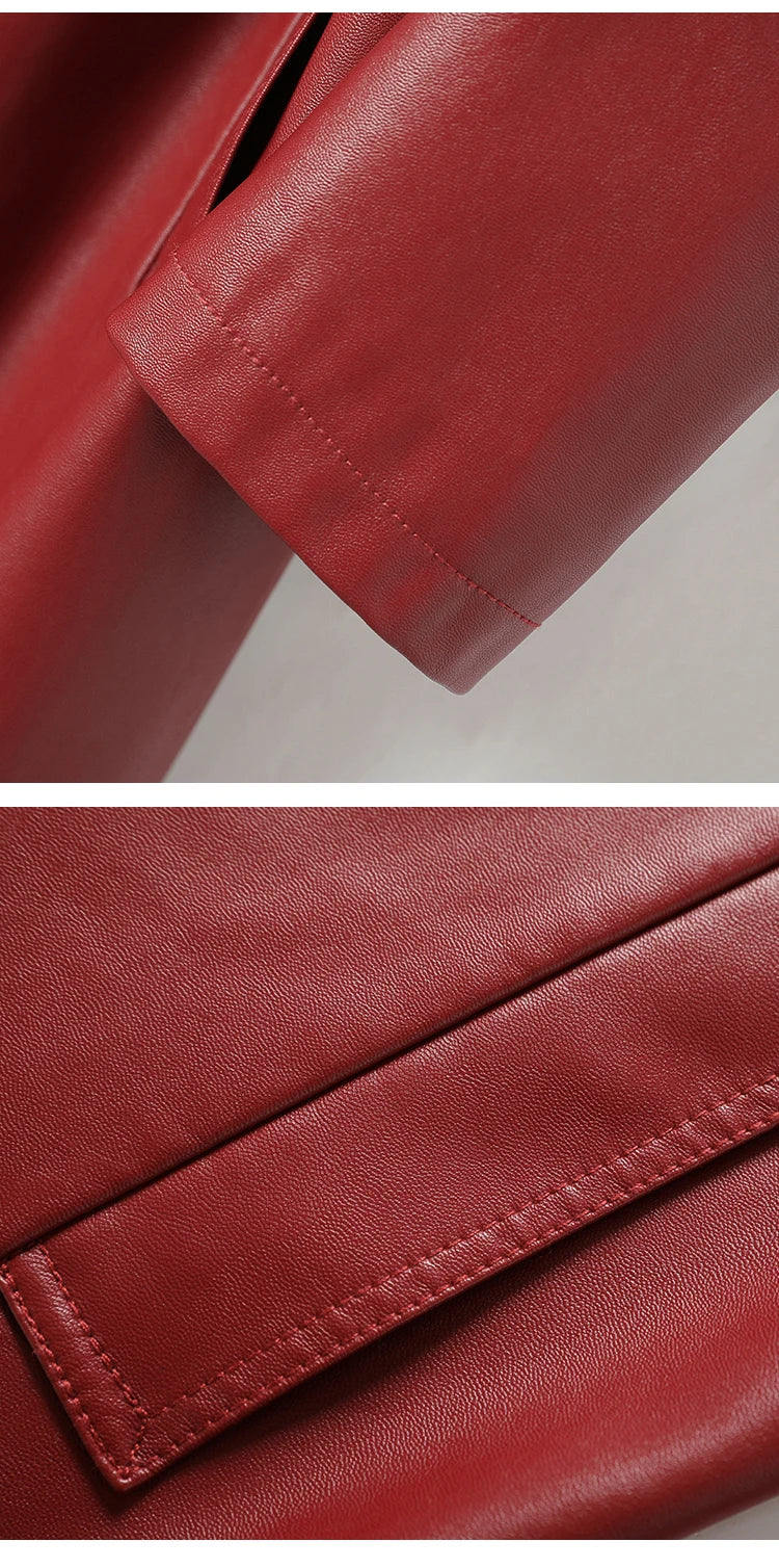 Vintage Wine Red Women's Split Sheep Leather Trench Coats Fashion Double-breasted Lace-up Belt Ladies Mid Long Sheepskin Outwear
