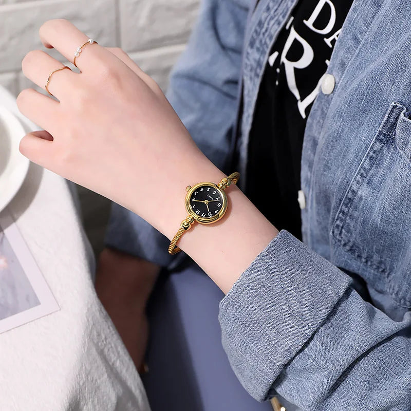 YIKAZE Women Watches Small Gold Bangle Bracelet Watch Stainless Steel Retro Ladies Quartz Wristwatch Clock Fashion Dress Watch