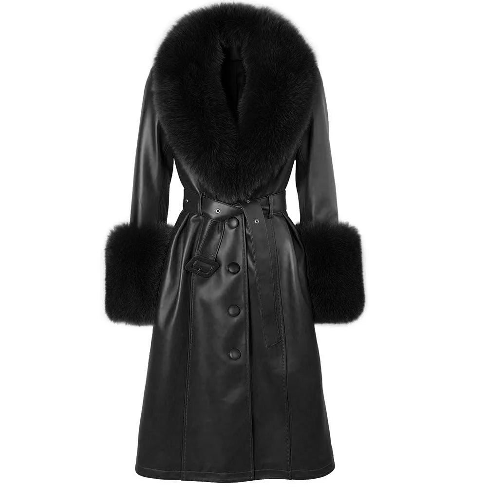 YOLOAgain Burgundy Real Fox Fur Collar Leather Trench Coat Women Genuine Leather Jacket Long Female