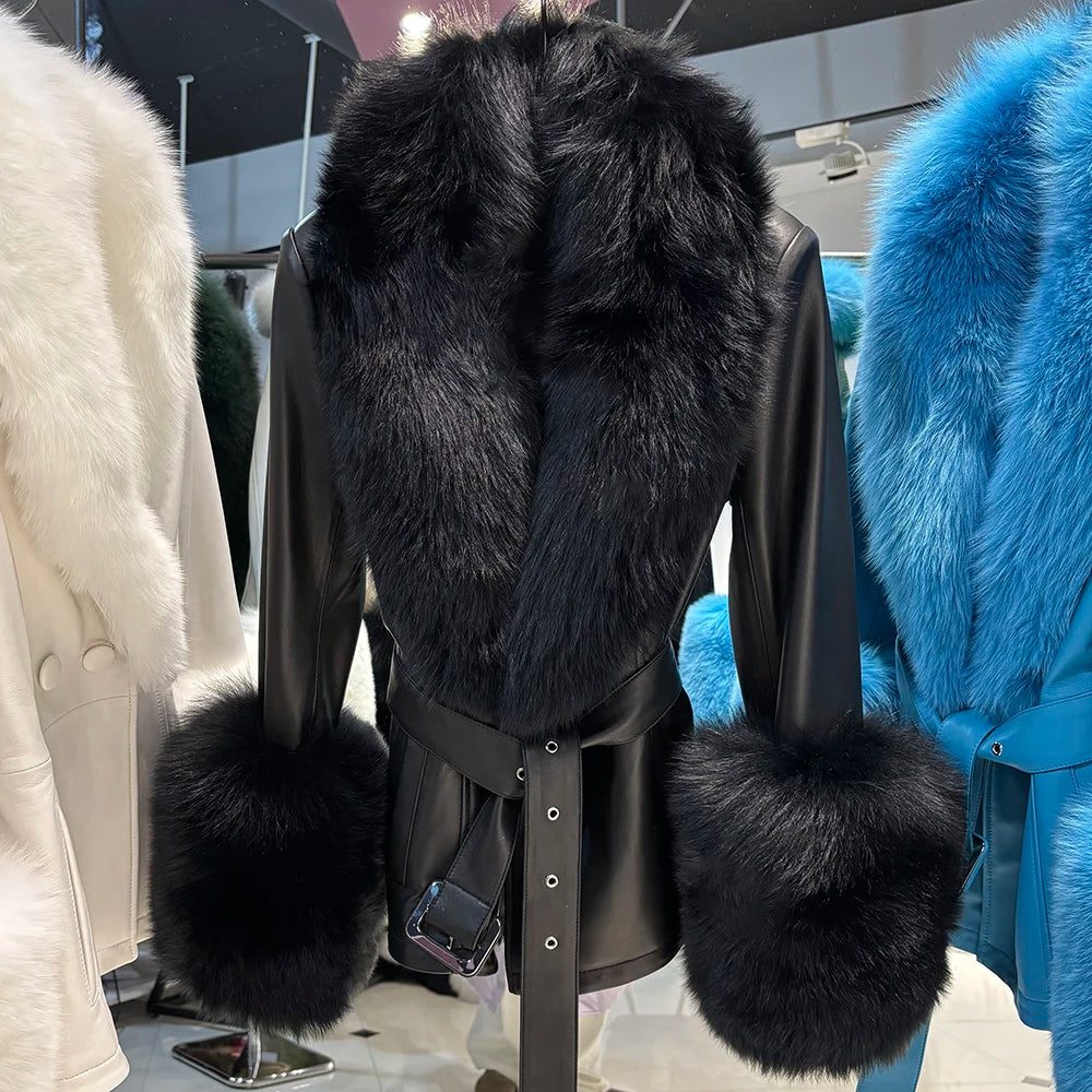 YOLOAgain Women's Real Fox Fur Collar Sheepskin Leather Jacket Coat Autumn 2025