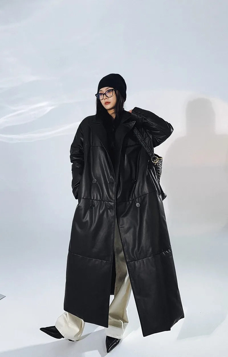 Women's Leather Down Jacket, Loose, Extra Length Design, Goose Down Coat, Suit Collar, Sheepskin Coat, Fashion