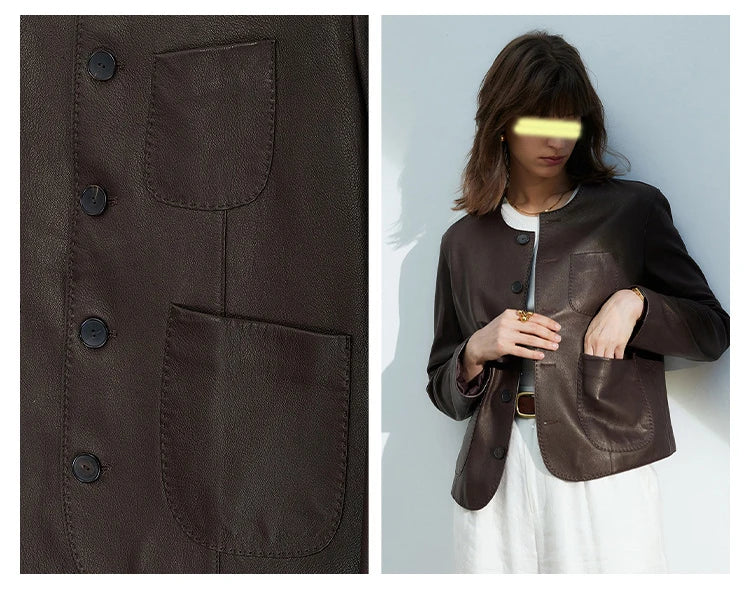 Women's Autumn Clothing European High Quality Sheepskin Casual O-Neck Single-Breasted Coffee Litchi Stria Genuine Leather Jacket