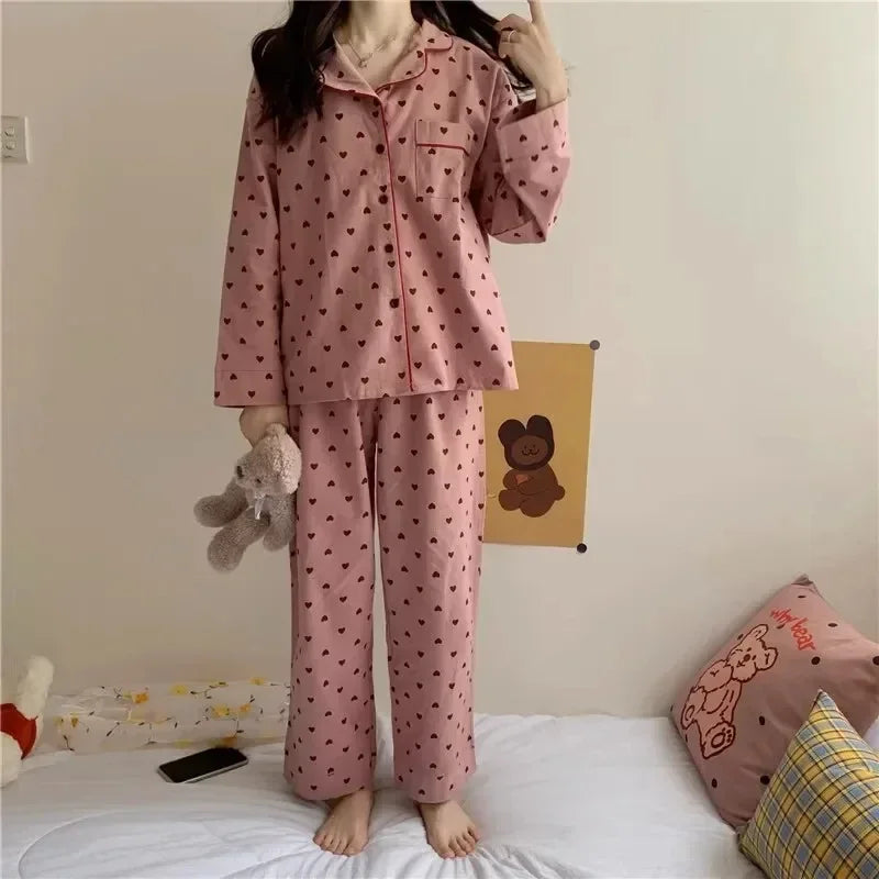 Spring and autumn new ladies' Korean pajamas home wear set for girls and students long-sleeved pajamas