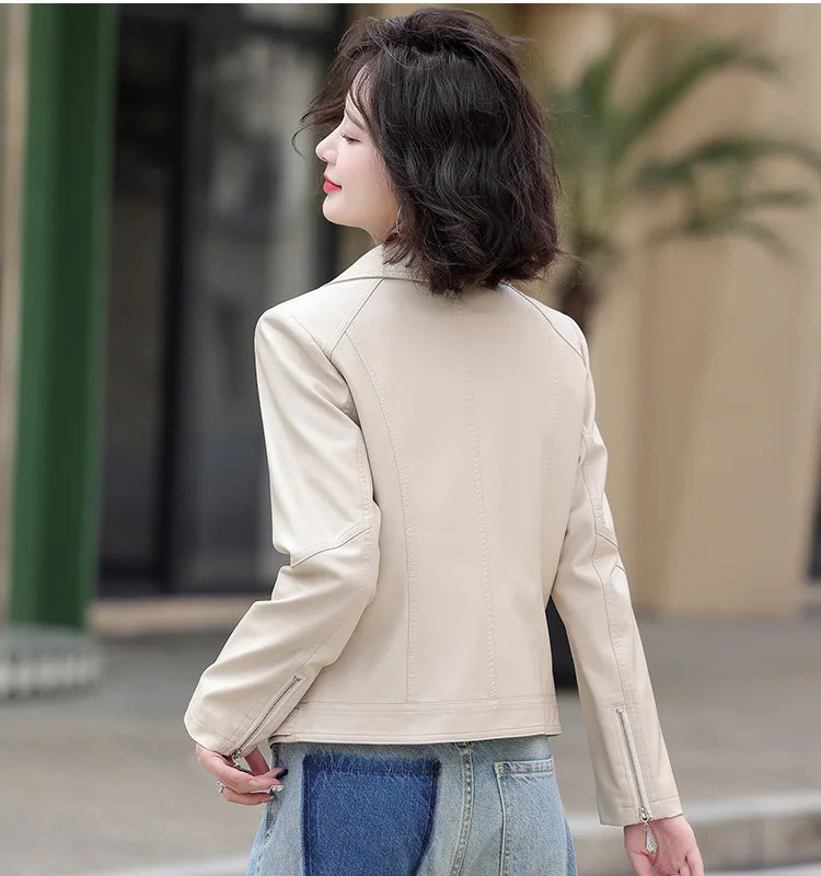 New Women Spring Autumn Leather Jacket Fashion Suit Collar Long Sleeve Motorcycle Jacket Casual Short Biker Coat Split Leather