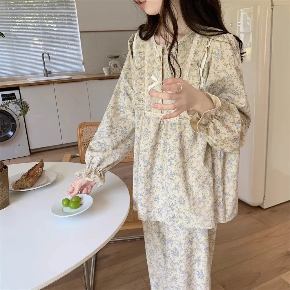 Women Plus Size Pajamas Garden Style Student Homewear Two-Piece Korean Version of the Bow Can Be Worn Outside Long-Sleeved Women