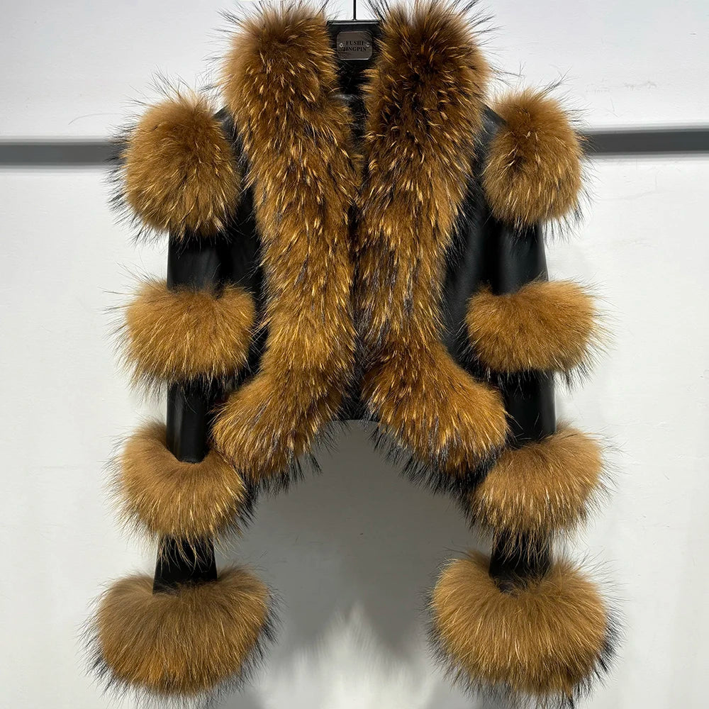 YOLOAgain Women's Natural Fox Fur Jacket Real Leather Cropped Jacket Streetwear
