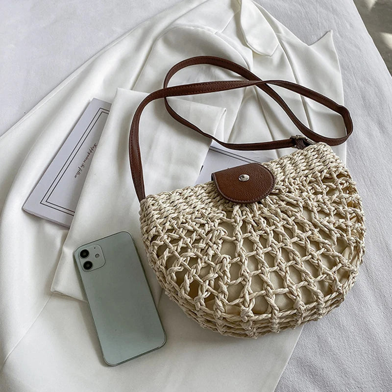 Summer Straw Bag For Women Fashion Semicircle Crossbody Bags Rattan Handmade Messenger Handbag Travel Beach Bags Tote