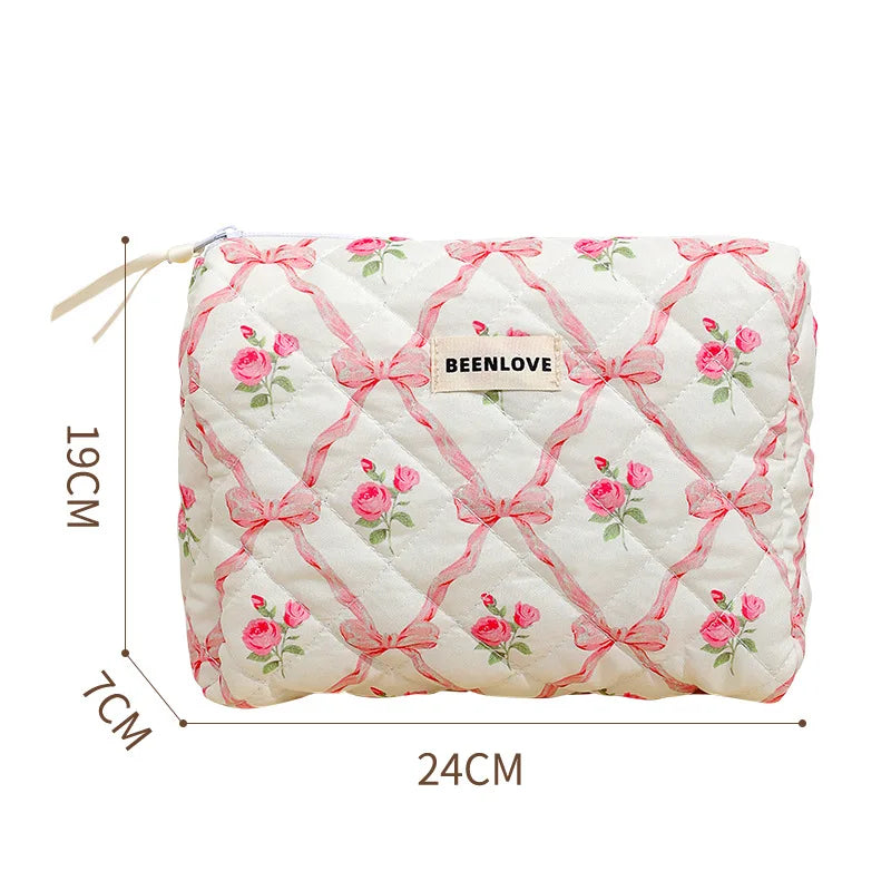 Cute Bow Flower Quilting Cotton Makeup Bag Women Zipper Cosmetic Organizer Female Cloth Handbag Portable Toiletry Case for Girls