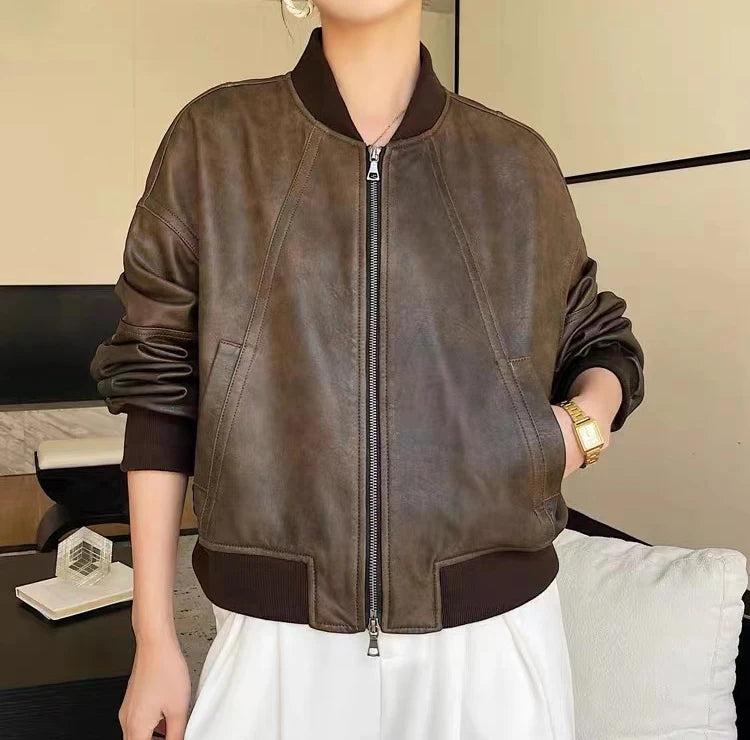 Leather Cropped Bomber Jacket For Women 2025 Winter European Old Money Designer Female Distressed Sheepskin Short Coat Outwear