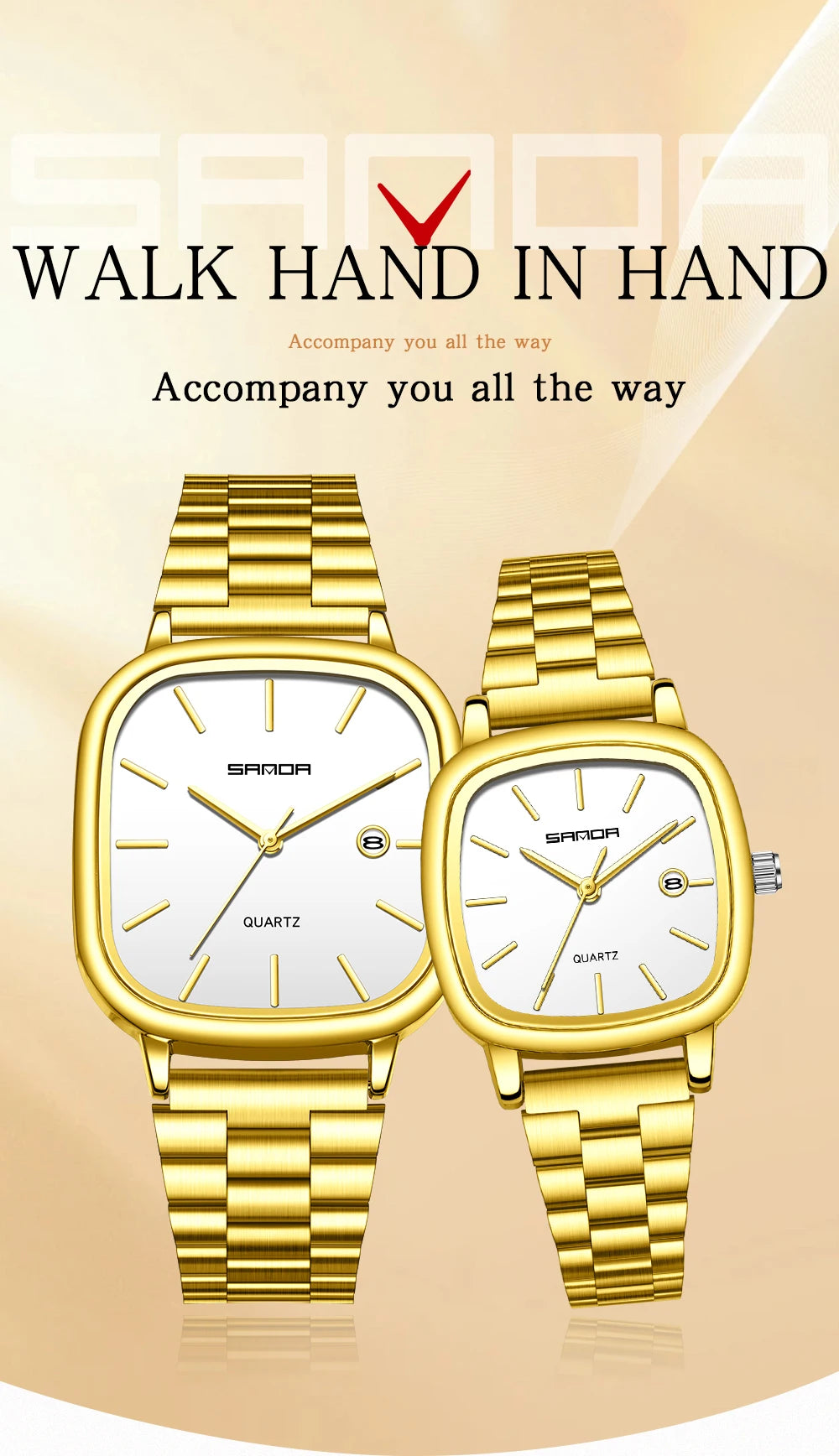 Sanda 2026 Couple Quartz Watch Men's and Women's Square Watch 3ATM Waterproof Calendar Simple and Elegant Women's Watch 3278