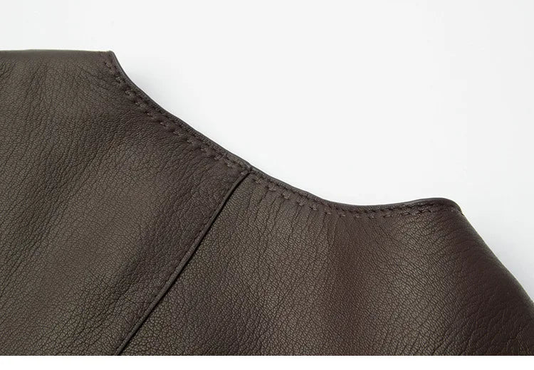 Women's Autumn Clothing European High Quality Sheepskin Casual O-Neck Single-Breasted Coffee Litchi Stria Genuine Leather Jacket
