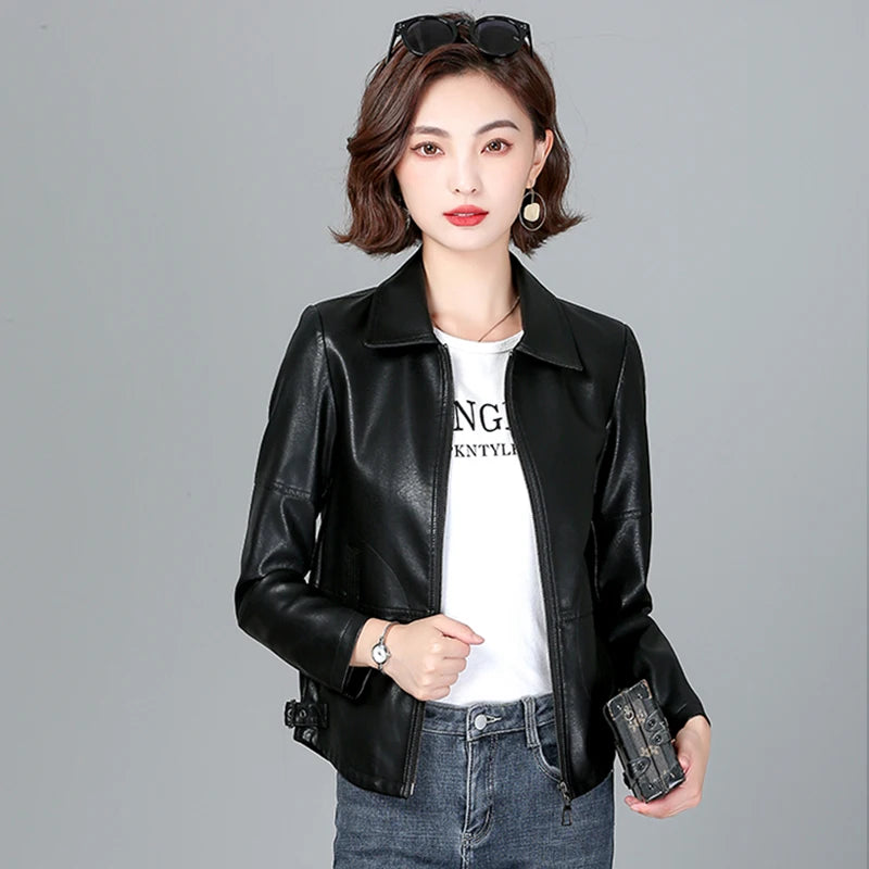 New Women Sheepskin Jacket Spring Autumn 2025 Fashion Casual Long Sleeve Short Zipper Leather Coat Loose Split Leather Outerwear