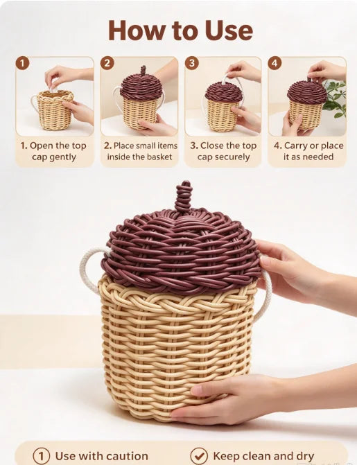 HTMCK New Acorn-shaped Storage Basket Hand-woven Round Rattan Bag Bucket Tropical Beach Style Woven Shoulder Bag Photo Props