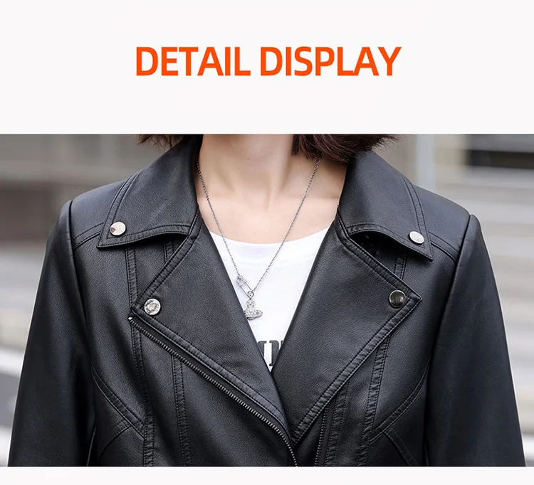 New Women Spring Autumn Leather Jacket Fashion Suit Collar Long Sleeve Motorcycle Jacket Casual Short Biker Coat Split Leather