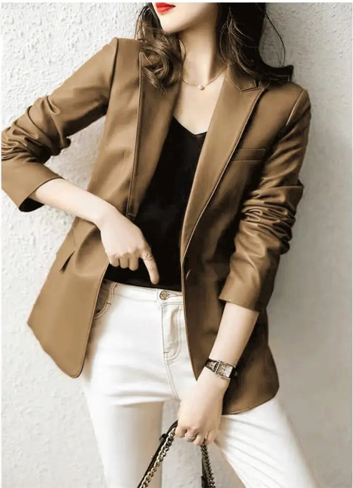Natural Sheepskin Coat Blazer Mujer Single Button Suit Collar Chic and Elegant Woman Jacket Slim Camel Real Leather Topscoat