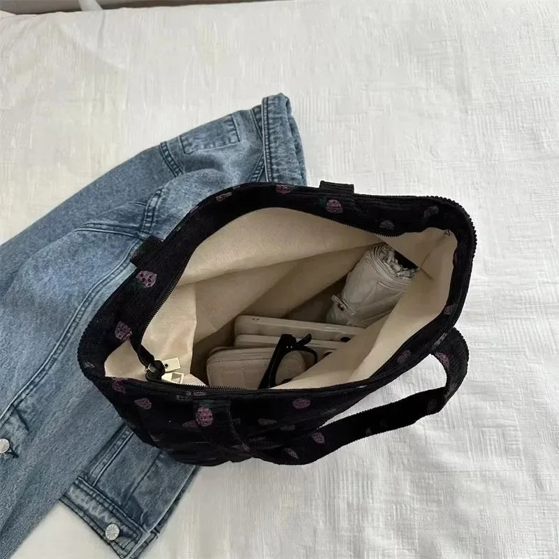 Corduroy Handbag Strawberry Print Beach Bag Fashion Large Capacity Tote Bag for Women Versatile Commuter Shoulder Bag Bolsos