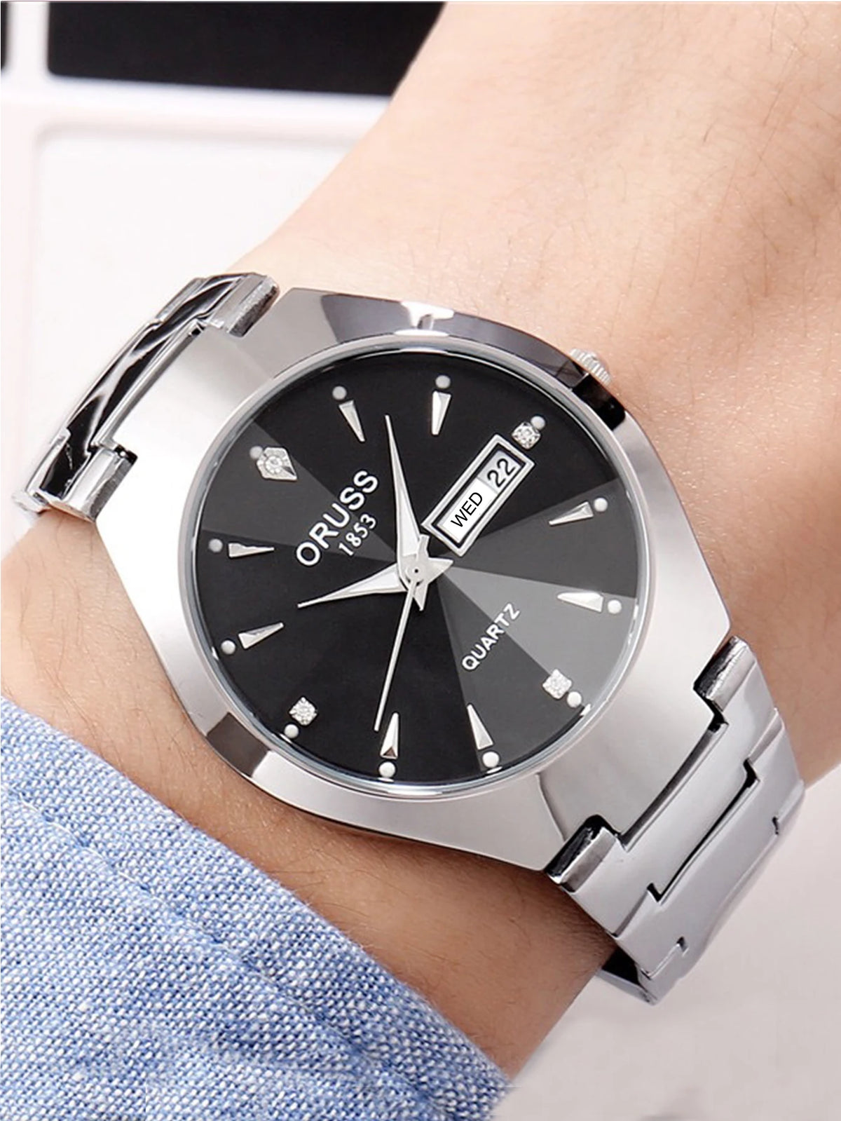 ORUSS Couple Watch Waterproof Casual Fashion Women Men Quartz Watches Ladies Stainless Date Week Men Clock Lover's Date Gift
