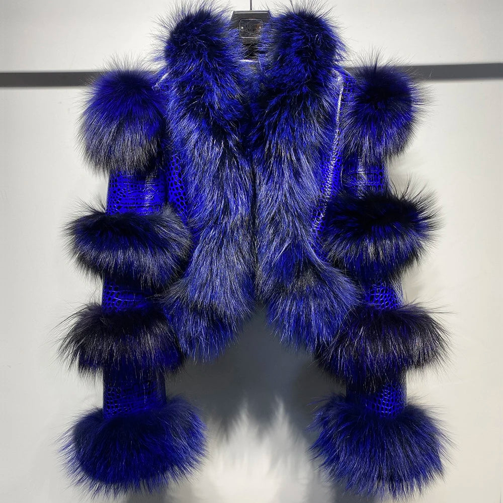 YOLOAgain Women's Natural Fox Fur Jacket Real Leather Cropped Jacket Streetwear