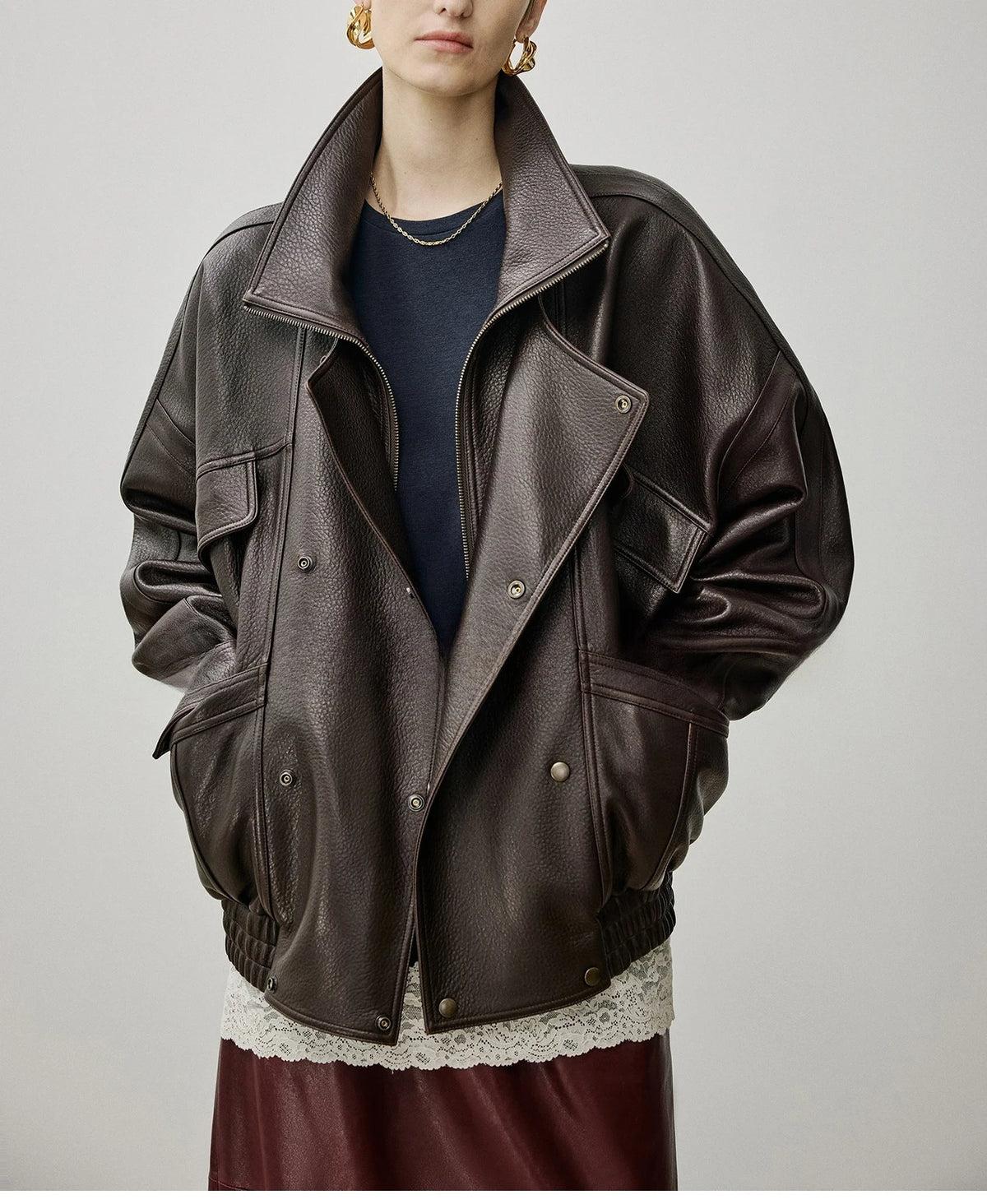 Brown Sheepskin Bubble Skin Coat Female Retro Double Layer Collar Double Breasted Zipper Loose Leather Jacket Winter Outerwear