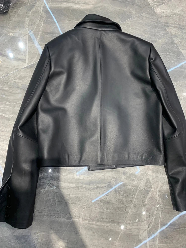 Suit Leather Jacket For Women 2025 Female 100% Sheepskin Lined Suit Collar Slim Short Quilted Coats Retro OL Sobretudo Feminino