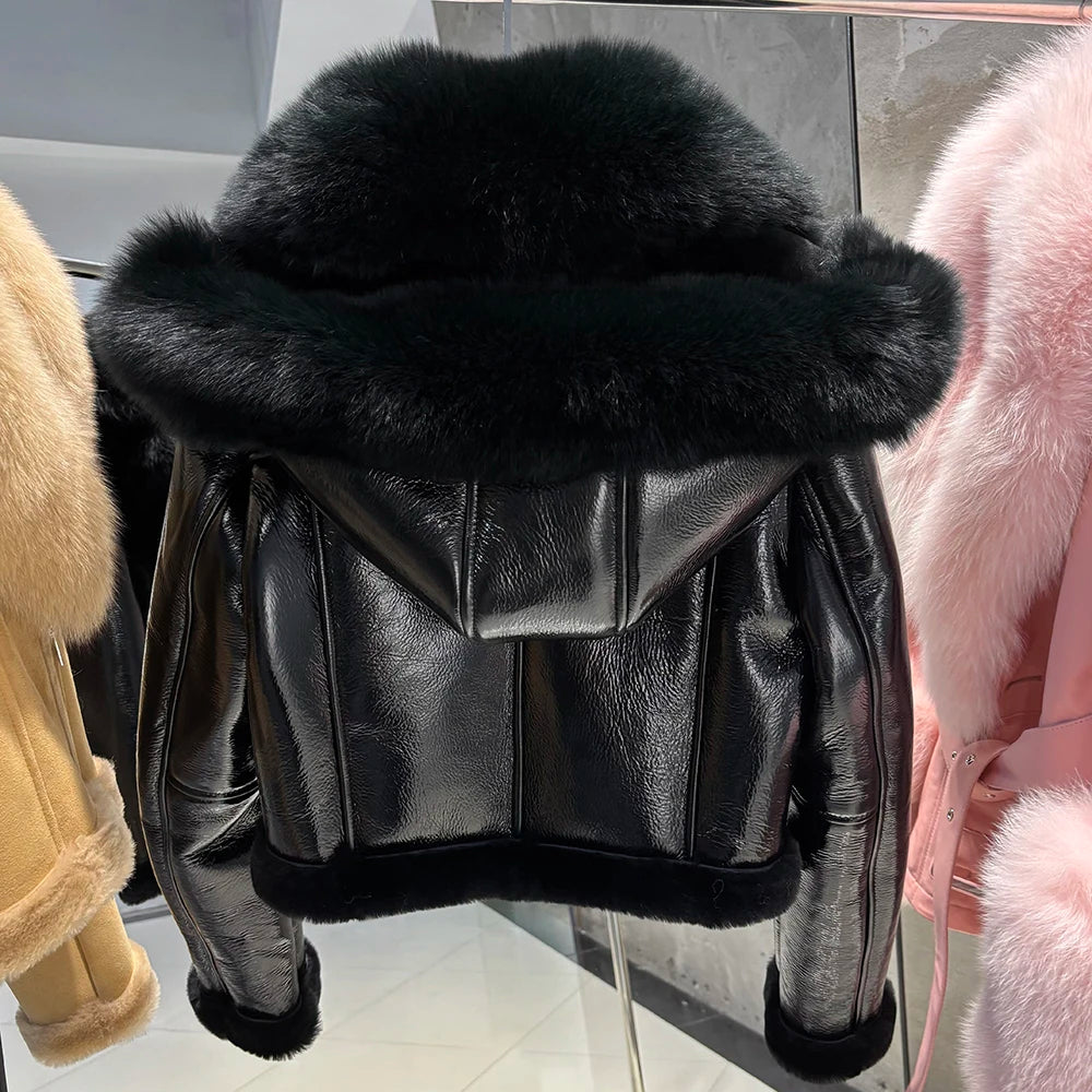 YOLOAgain Burgundy Shearling Jacket With Hood Women 2025 Winter Real Leather Jacket Coat