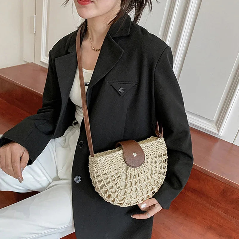 Summer Straw Bag For Women Fashion Semicircle Crossbody Bags Rattan Handmade Messenger Handbag Travel Beach Bags Tote