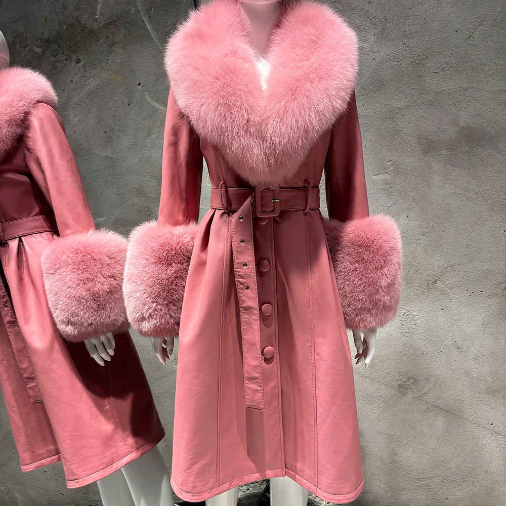 YOLOAgain Burgundy Real Fox Fur Collar Leather Trench Coat Women Genuine Leather Jacket Long Female
