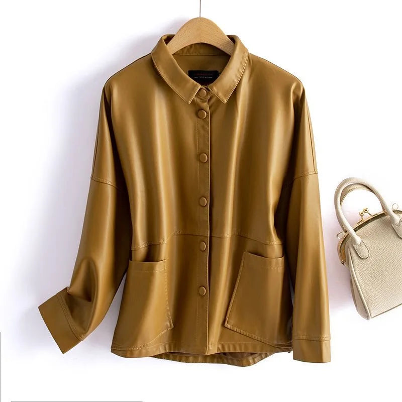Sheepskin Leather Jacket Women Short Covered Button Pockets Coats Chic Office Ladies Split Sheep Leather Korean Loose Outwear