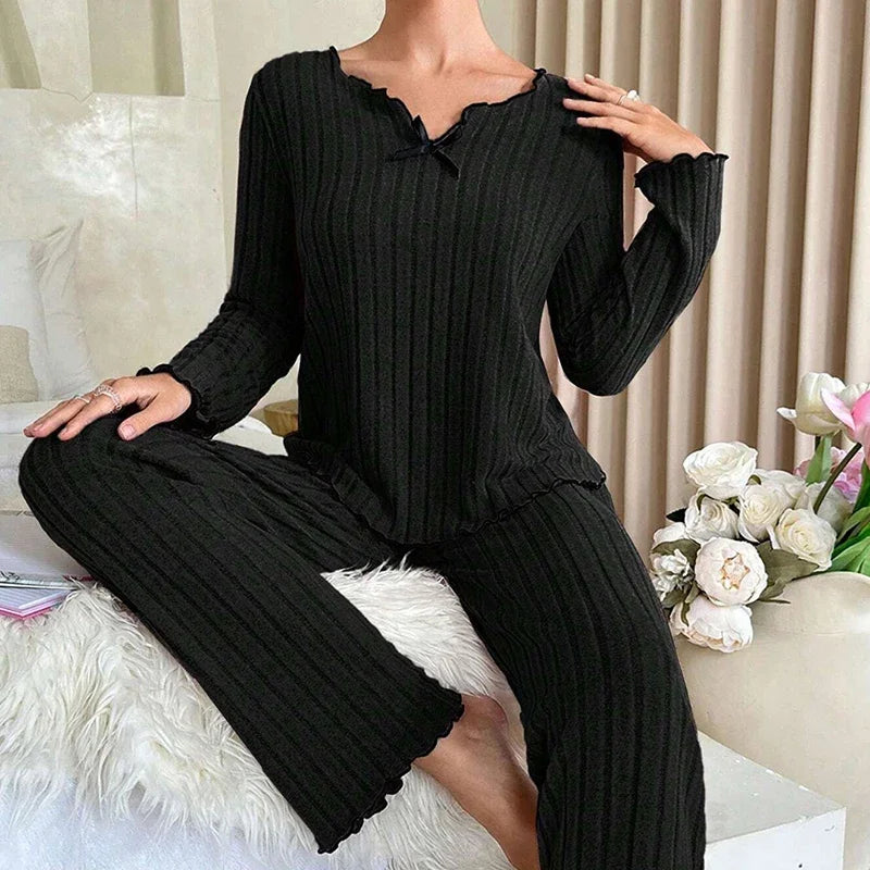 Women Ribbed Pajama Set V Neck Bow Long Sleeve Pants Soft Loungewear Two Piece Sleep Suit Daily Home Bedroom Casual Night Wear