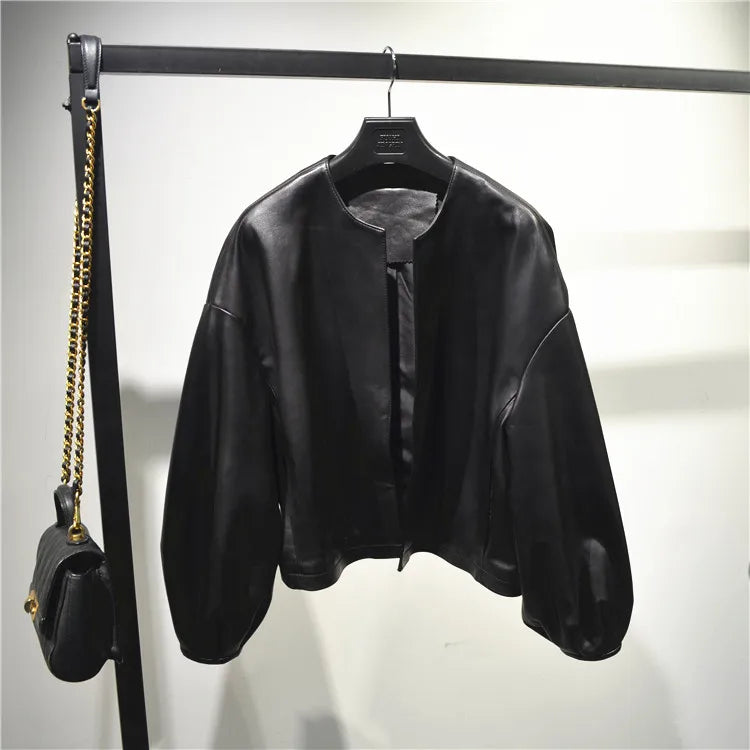Autumn Puff Sleeve Genuine Leather Jacket Women 100% Sheepskin Collarless Cardigan Casacas Loose Small Short Blouson Cuir Femme