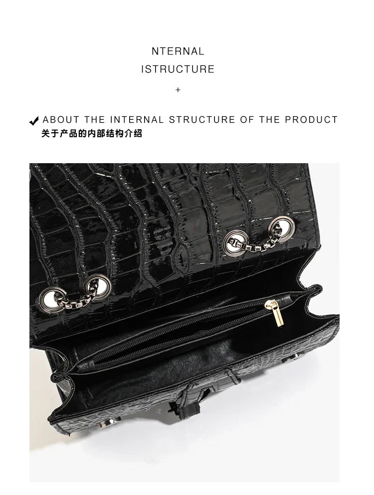 Fashion Ladies Croc Pattern Sequined Chain Crossbody Bag D‑Buckle Shoulder Messenger Handbag Women Evening Party Purse