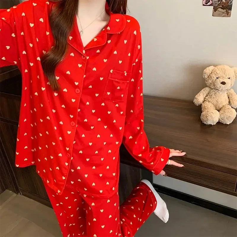 Spring and autumn new ladies' Korean pajamas home wear set for girls and students long-sleeved pajamas