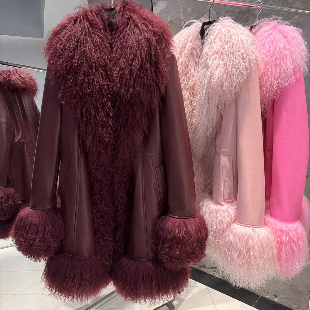 YOLOAgain Mongolia Sheep Fur Jacket Women Real Leather Coat Suede Jacket